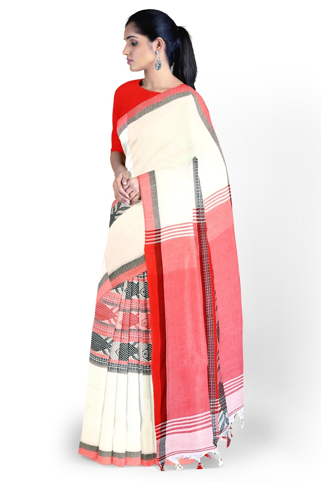 White Red Pure Cotton Marine Hand Loom Saree (1277)